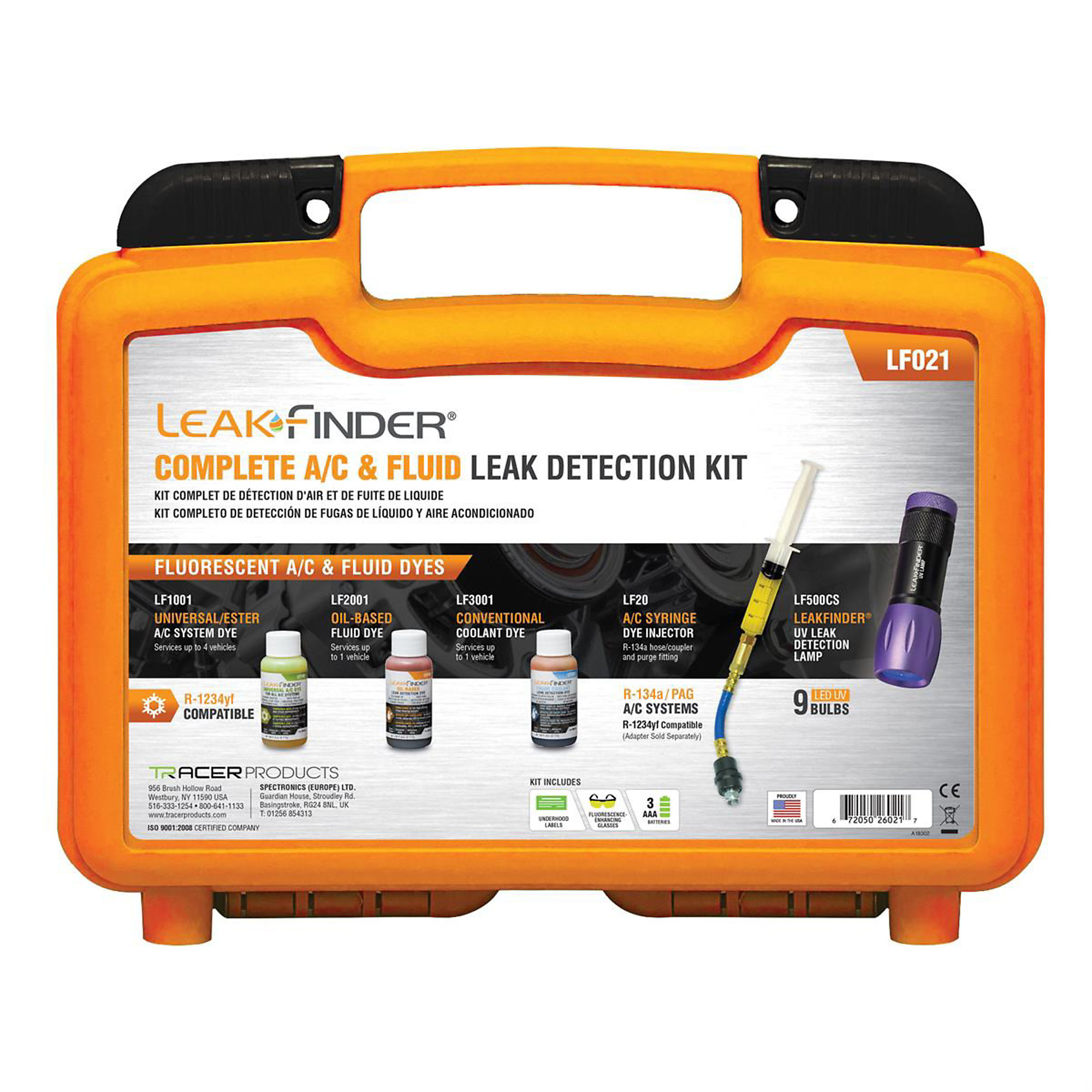 Tracer Products A/C and Fluid Leak Detection Kit — 1 Oz. LeakFinder Dye, UV Lamp, Syringe, Glasses, Model# TRALF021